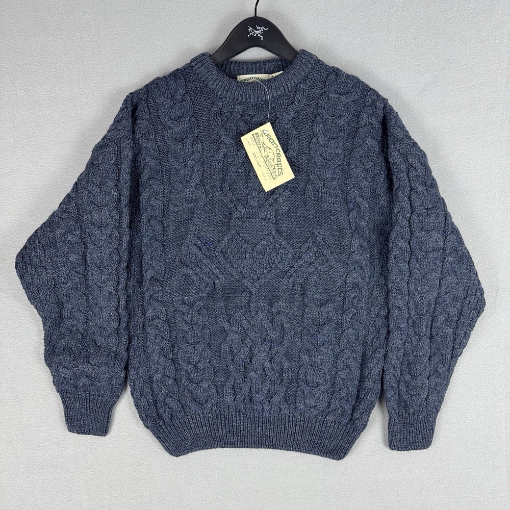NWT Aran Crafts Cable Knit 100% Wool Sweater Navy Mens Medium Ireland New